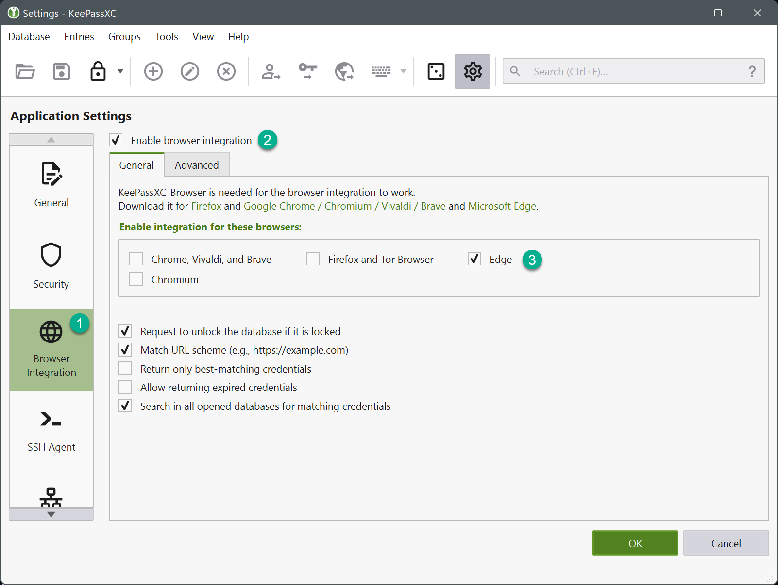 Окно Application Settings / Настройки приложения KeePassXC: вкладка Browser Integration / Интеграция с браузерами