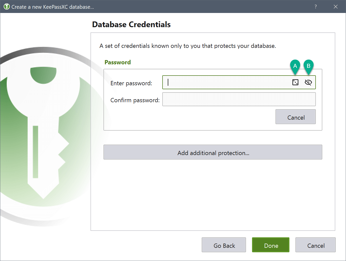 Окно Database Credentials / Учётные данные базы KeePassXC